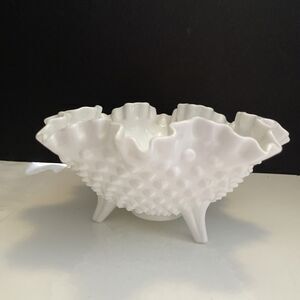 Fenton Bowl White Milk Glass Hobnail 3 Footed Ruffled Crimped Edge  8" Vtg